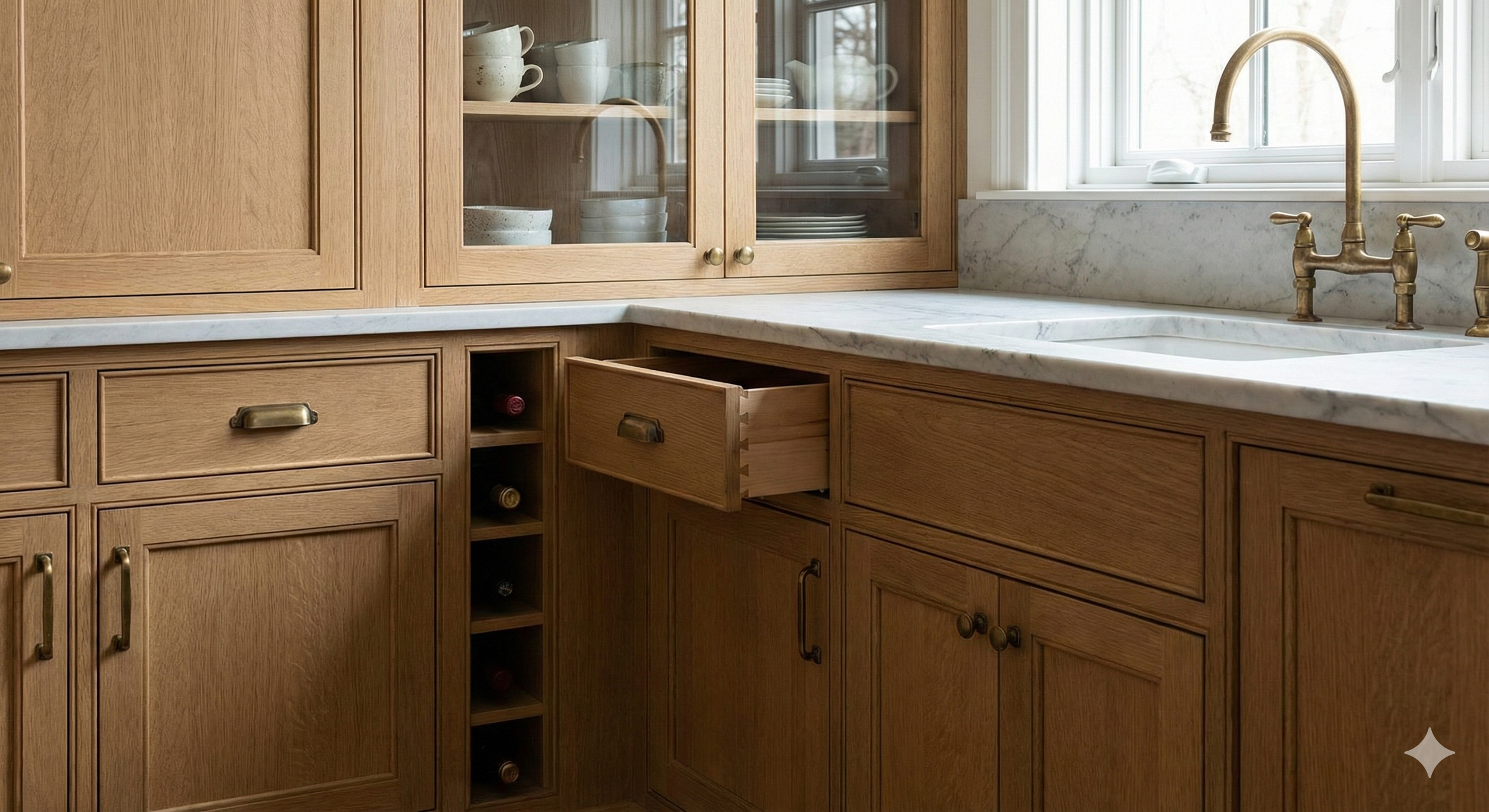 Kitchen with wooden cabinets, a marble countertop, a window above the sink, and a brass faucet. The cabinets include glass-fronted doors showing dishes and glasses, and there is a small wine rack built into the cabinetry.