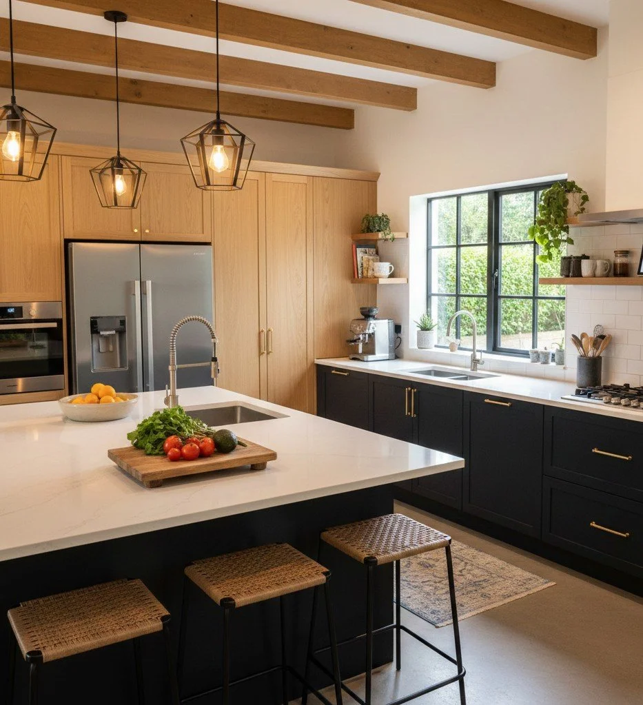 Modern farmhouse kitchen renovation in Waxhaw, NC featuring custom wood cabinetry and a large island.