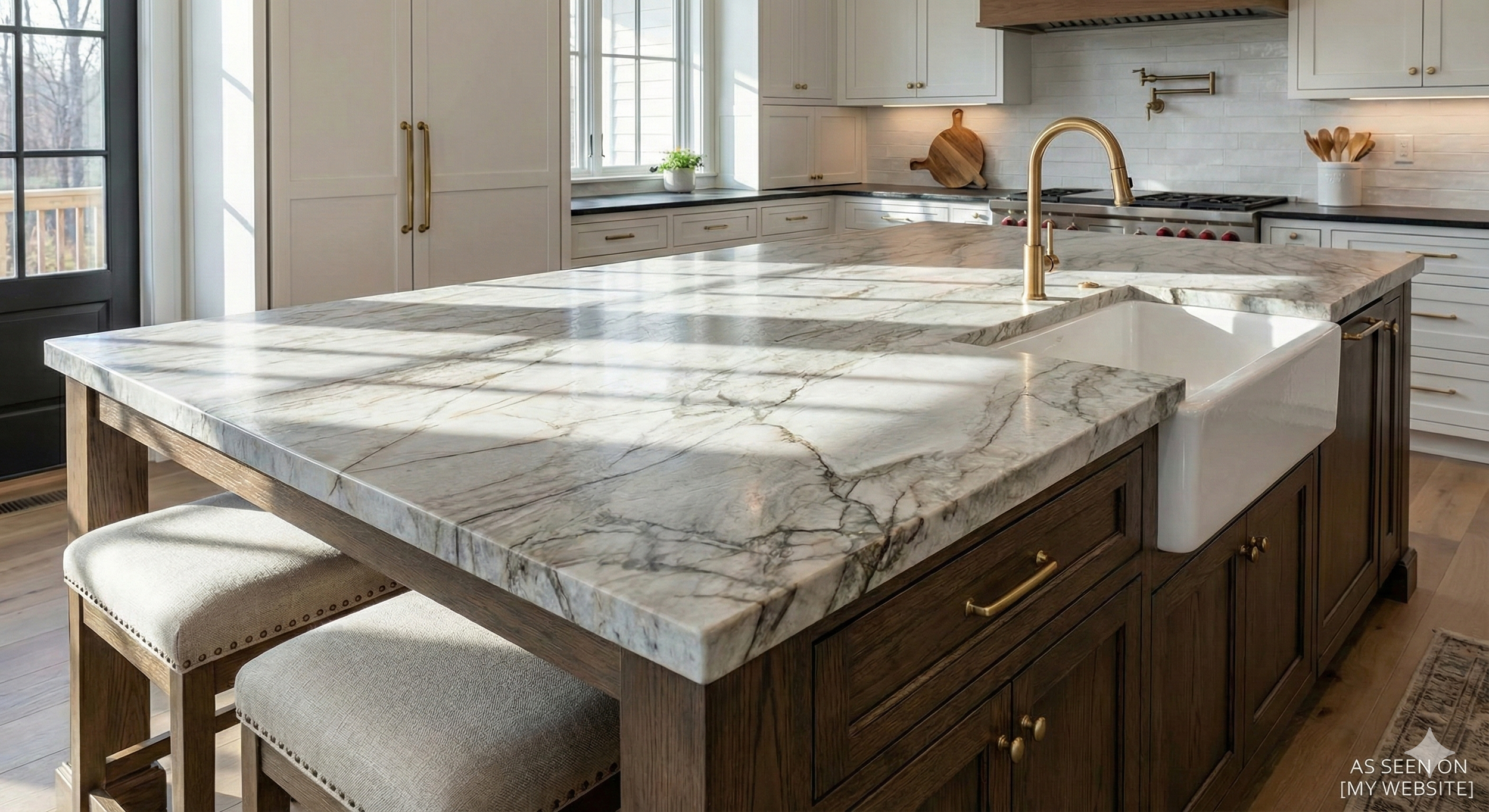 Kitchen with large marble island, white cabinets, gold hardware, farmhouse sink, gold faucet, and sunlight coming through windows.