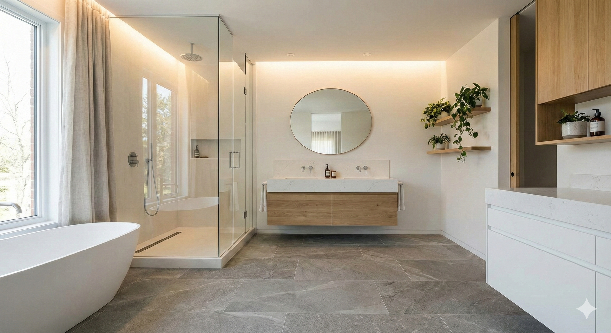 Modern bathroom with a front-facing oval mirror above a floating wooden vanity with two sinks. To the left, a large bathtub and a glass-enclosed shower with a rainfall showerhead. Light-colored walls, natural wood accents, and potted plants on wall shelves add to the airy, minimalist design.