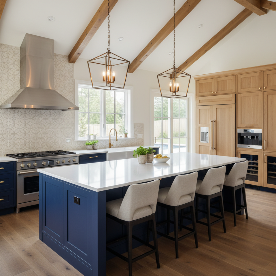 Modern kitchen with a large white island and navy blue cabinetry, featuring a stove, stainless steel range hood, and built-in appliances, with wooden ceiling beams and pendant lights.