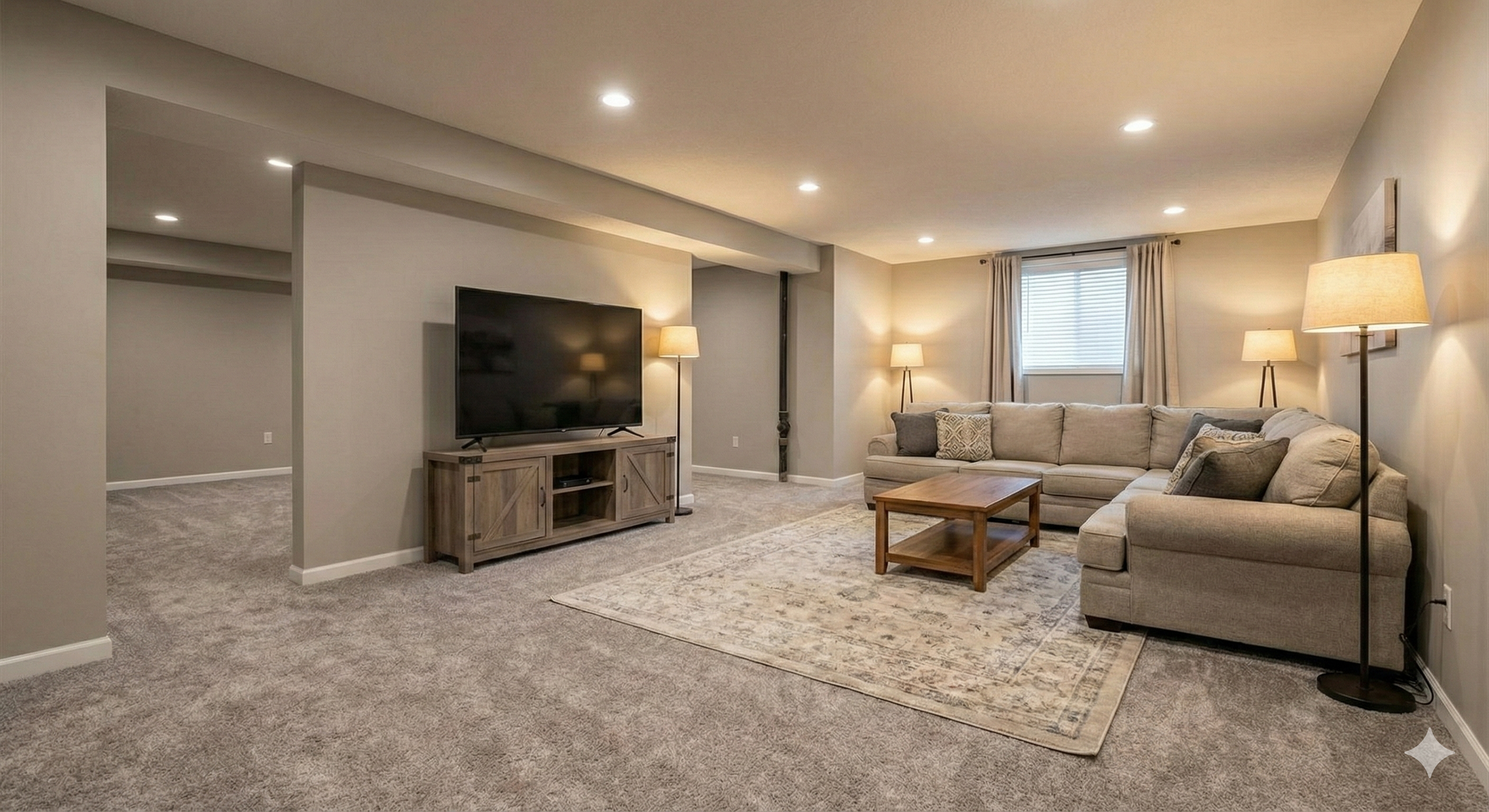Living room with beige sectional sofa, wooden coffee table, TV on wooden stand, multiple lamps, window with blinds, and beige carpet.