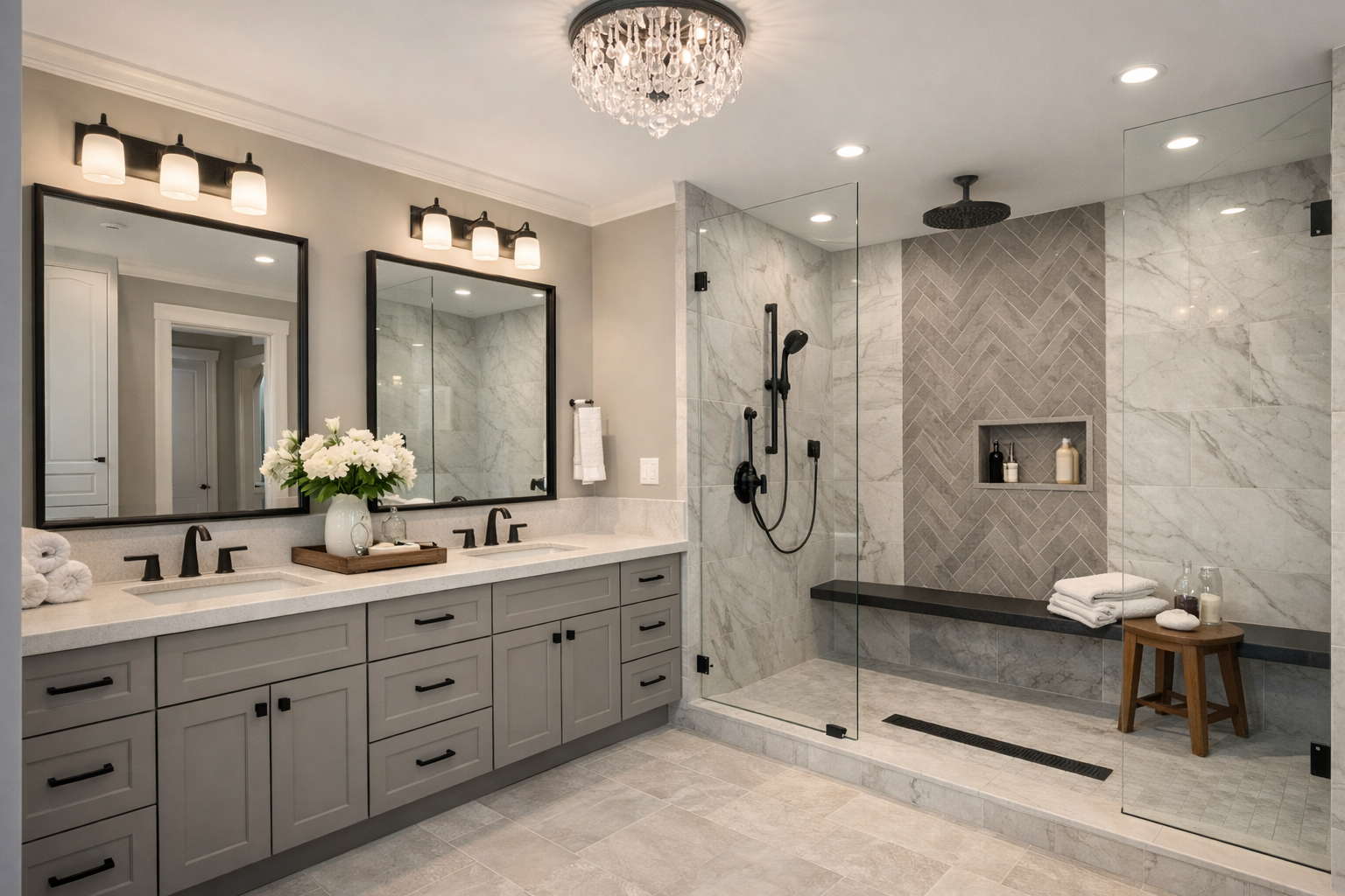 Modern bathroom with double vanity, gray cabinets, black fixtures, large mirrors, flower arrangement, and a glass-enclosed shower with marble walls, a built-in shelf, and black fixtures.