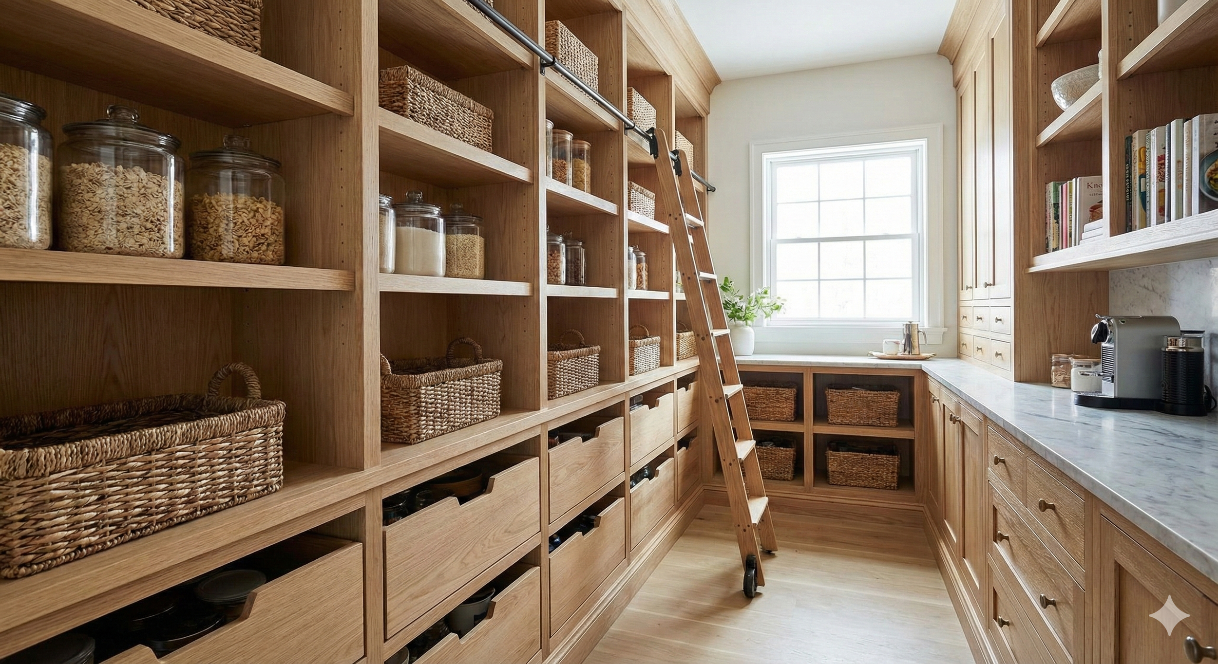 Wooden pantry with open shelves filled with jars and baskets, a stepladder, and a large window letting in natural light.