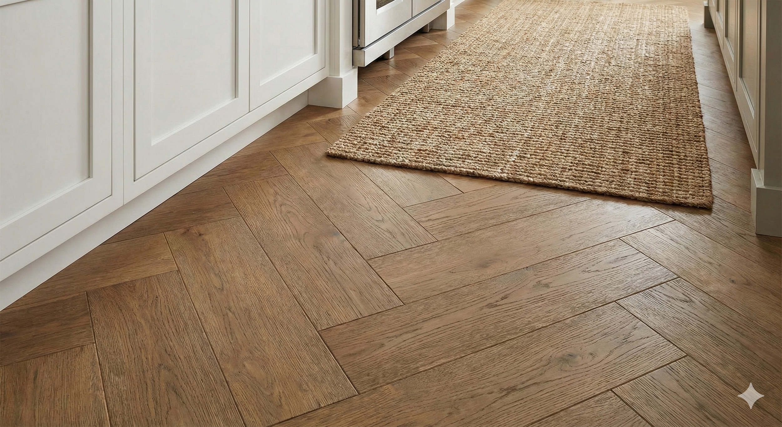 Close-up of a wooden floor with a textured beige rug in a kitchen with white cabinetry.