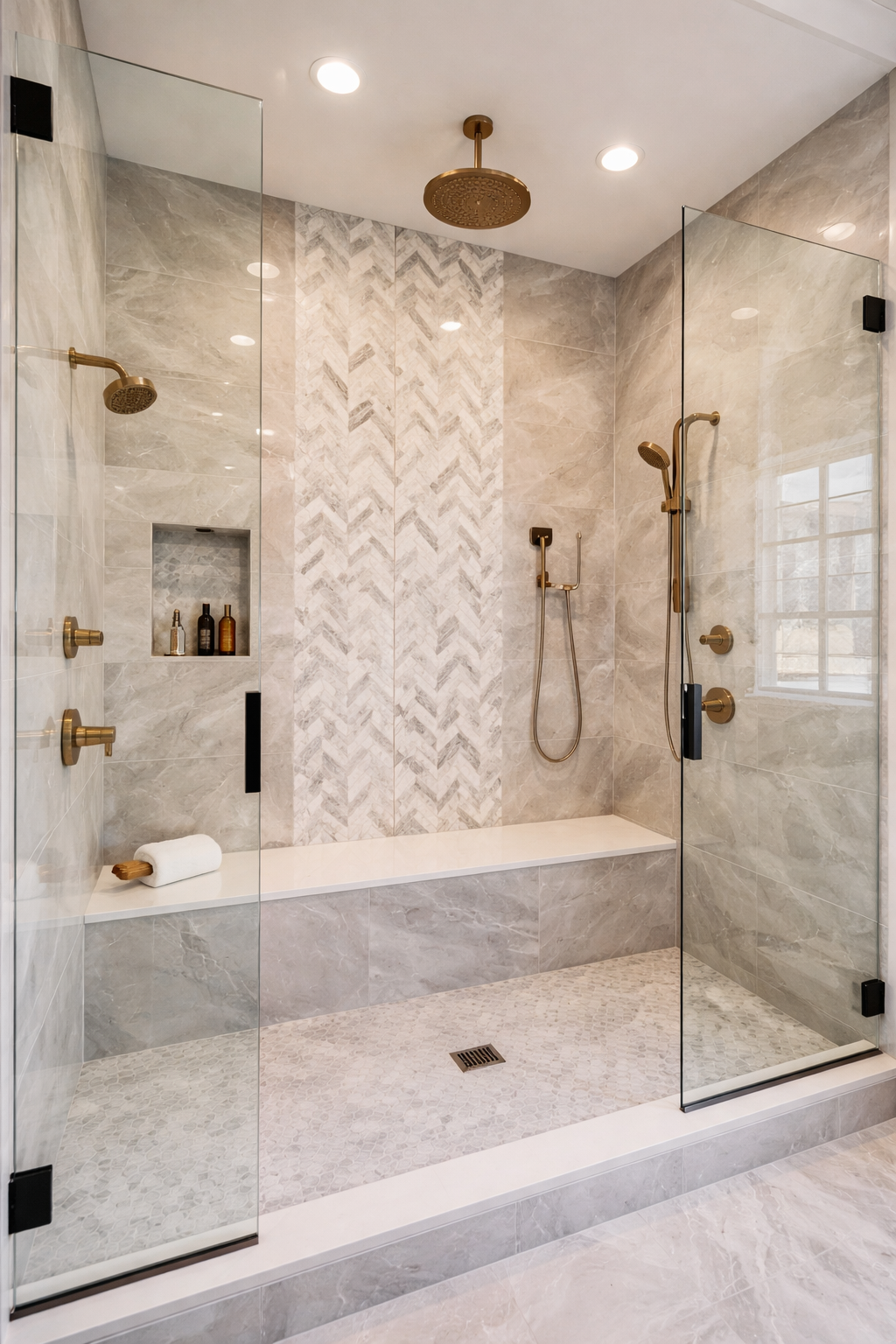 Modern walk-in shower with beige marble tiles, a central decorative tile stripe, gold fixtures, and glass enclosure.