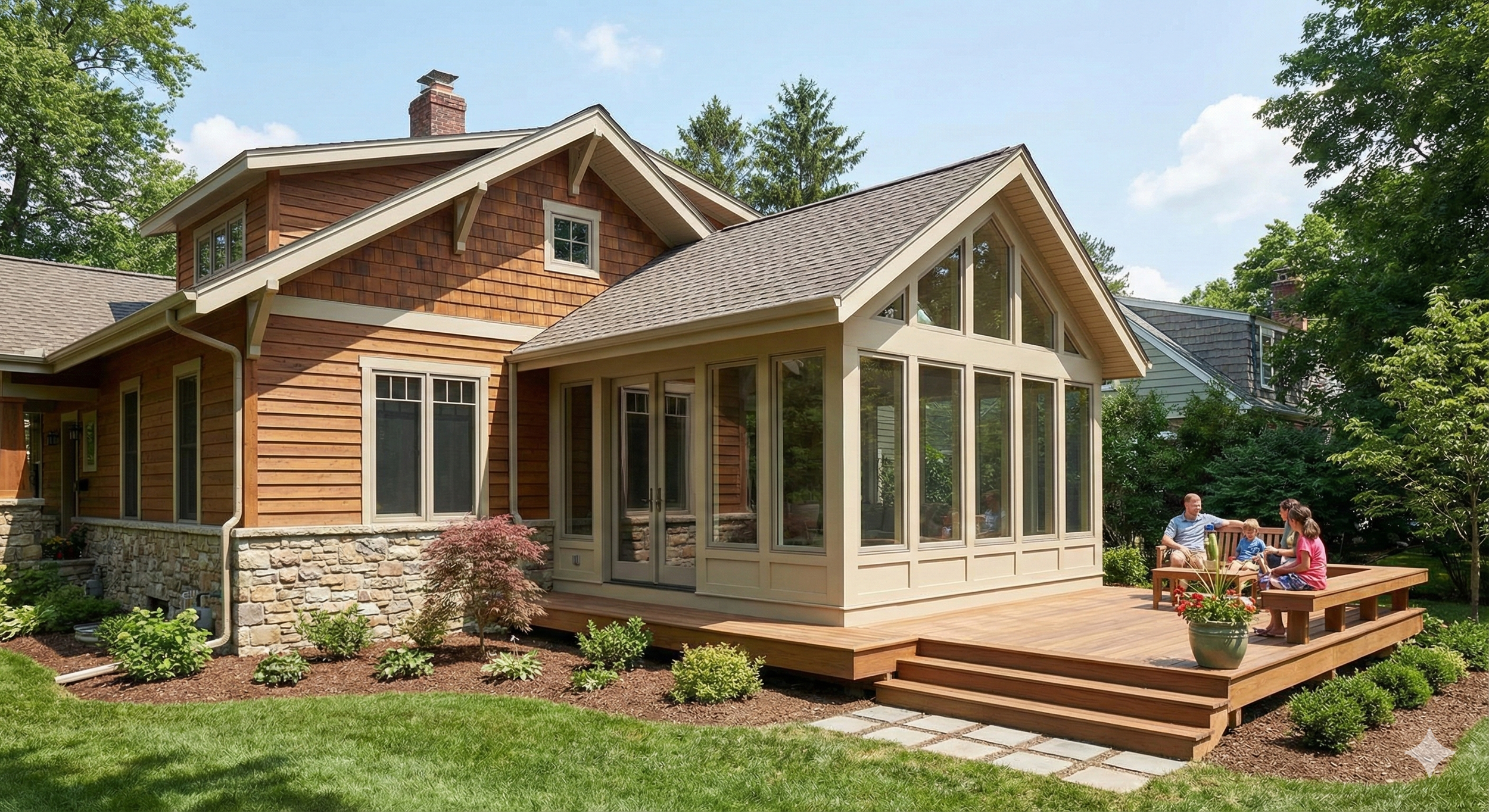 Modern two-story house with stone and dark wood exterior, large windows, front porch with potted plants, a blossoming pink tree in the yard, and solar panels on the roof.