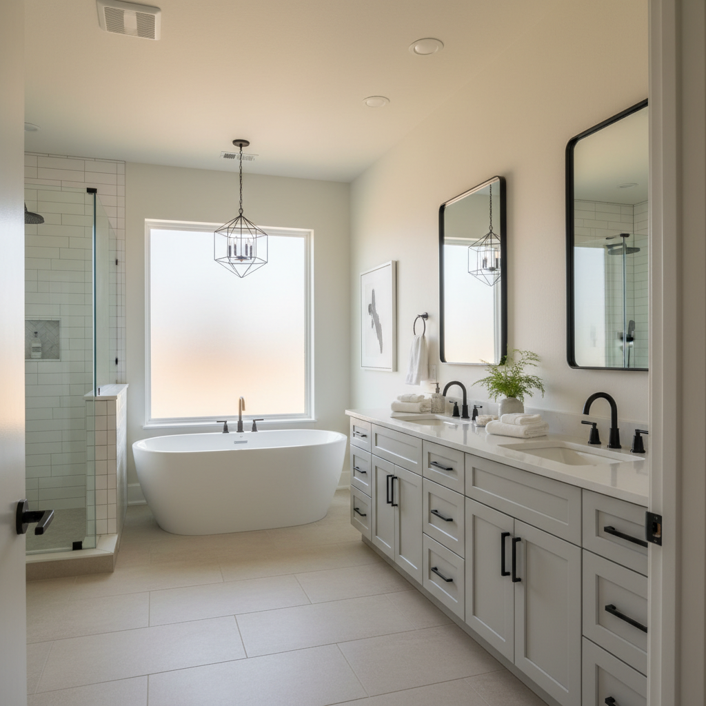 Modern bathroom with a large frosted window, standalone bathtub, double vanity with black fixtures, two mirrors, a walk-in shower, and minimal decor.