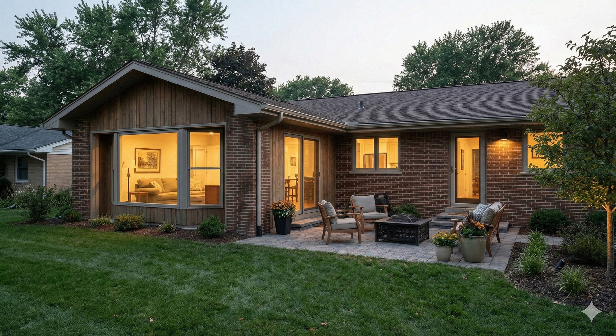 The image shows the backyard of a brick house during dusk, with illuminated interior lights. There's a patio with outdoor seating, a small fire pit, large planters with flowers, and a well-maintained green lawn with trees and shrubs.