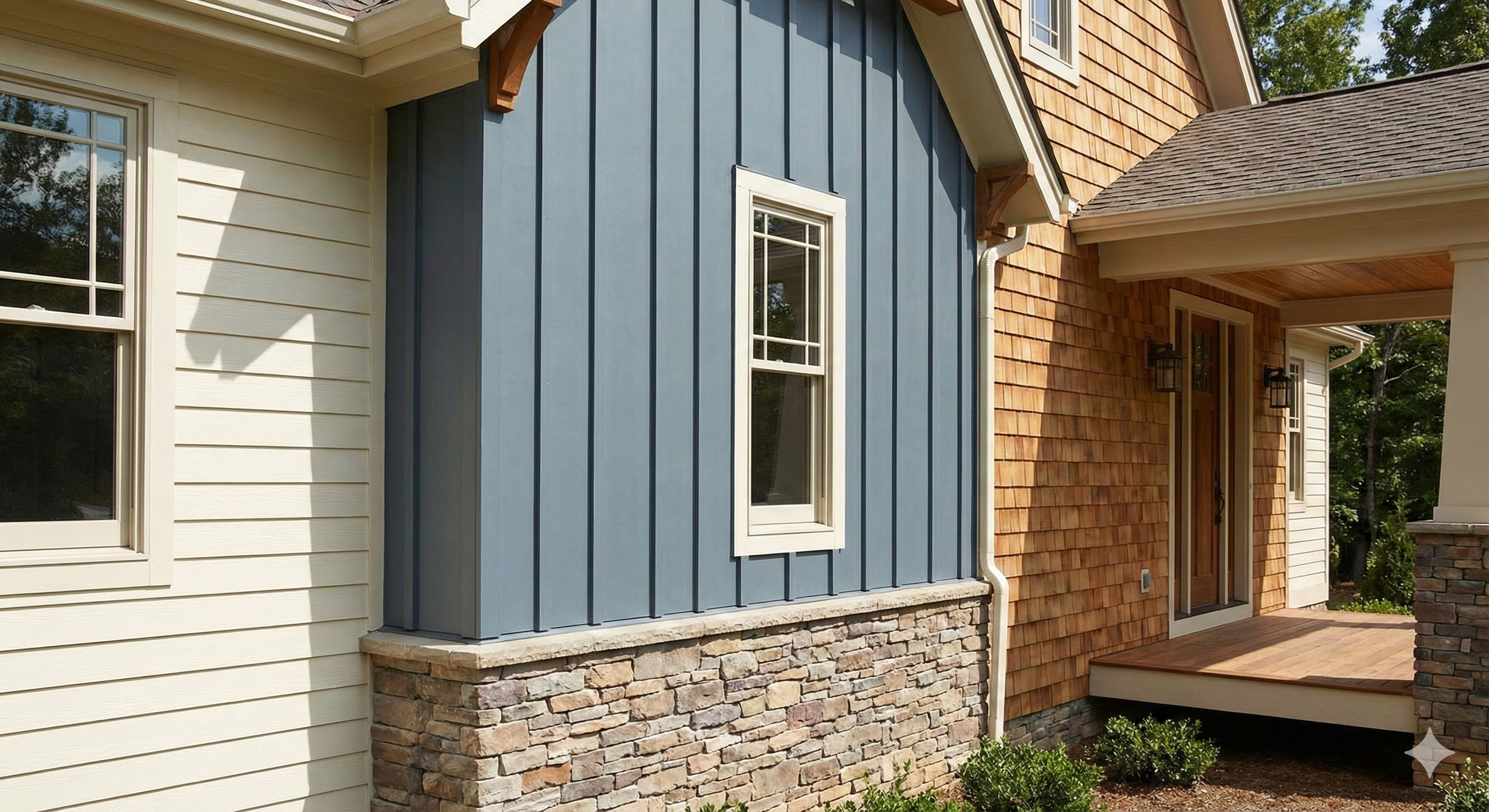 Close-up of a modern house exterior with a mix of beige horizontal siding, blue vertical siding, and natural stone foundation. Features include white-framed windows and a small porch with a wooden deck.