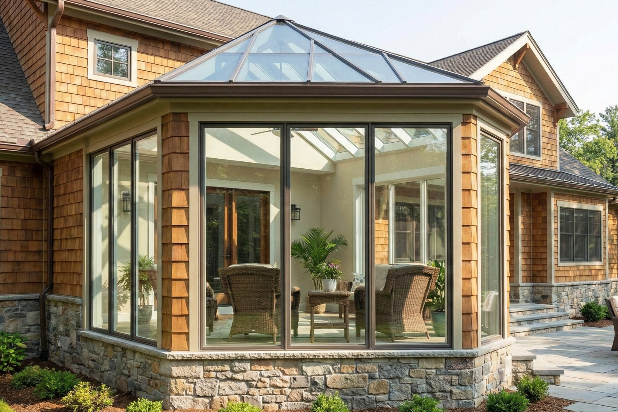 Modern four-season sunroom addition in Charlotte, NC with floor-to-ceiling windows and wicker furniture.