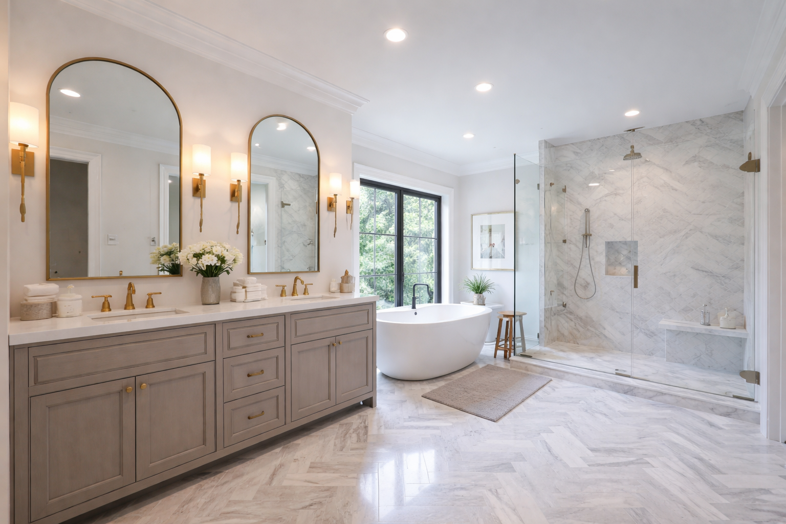 Modern bathroom with double vanity, large mirrors, gold fixtures, a freestanding bathtub, a glass-enclosed shower with marble tiles, and natural light from a large window.