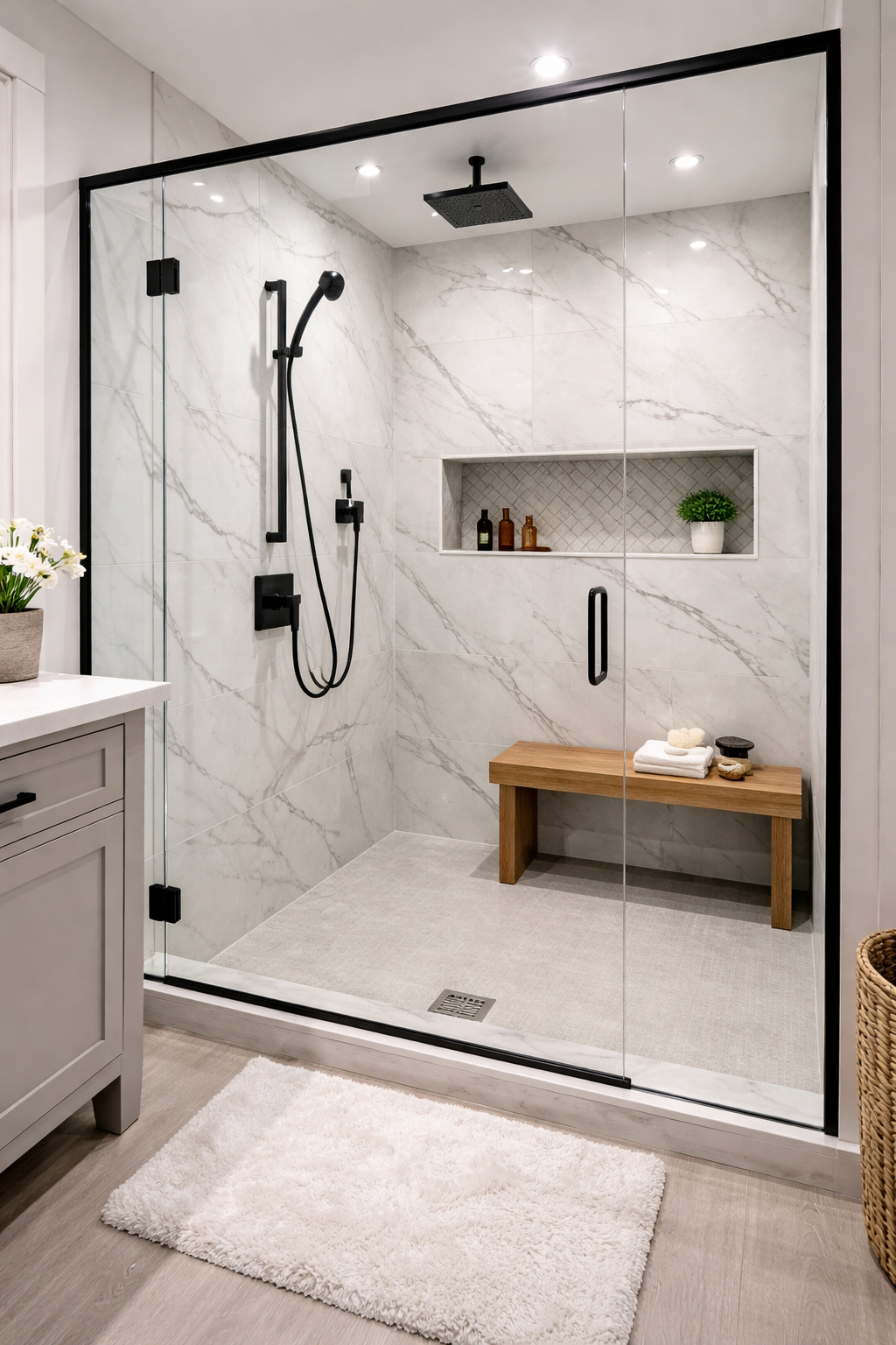 Modern glass-enclosed shower with black fixtures, marble walls, a built-in niche with bottles and a plant, a wooden bench with towels and soap, and a white bathroom vanity with a flower pot nearby.