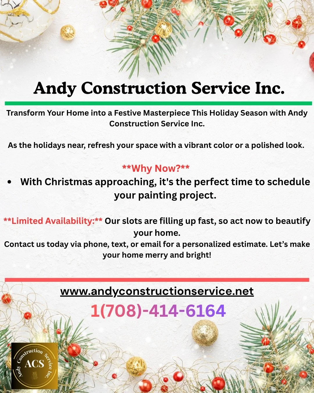 Call us now for your free estimate. 
1-708-414-6164
www.andyconstructionservice.net
