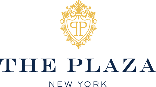 Logo of The Plaza New York featuring a gold crest with the initials "PP" above the text "The Plaza New York" in blue.