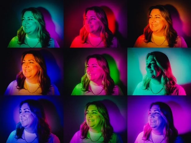 A collage of nine images of a woman with shoulder-length hair, smiling and looking in different directions, illuminated by colorful neon lights in shades of green, pink, blue, and purple.