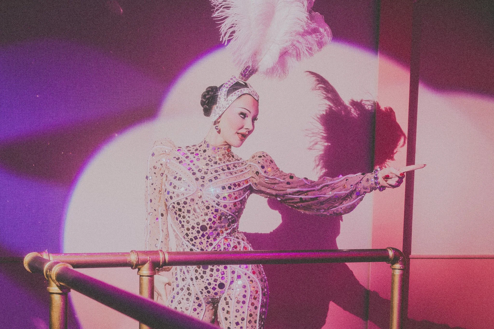A woman in a shiny, patterned dress with a headpiece and jewelry points to the right, casting a shadow on the pink wall behind her.