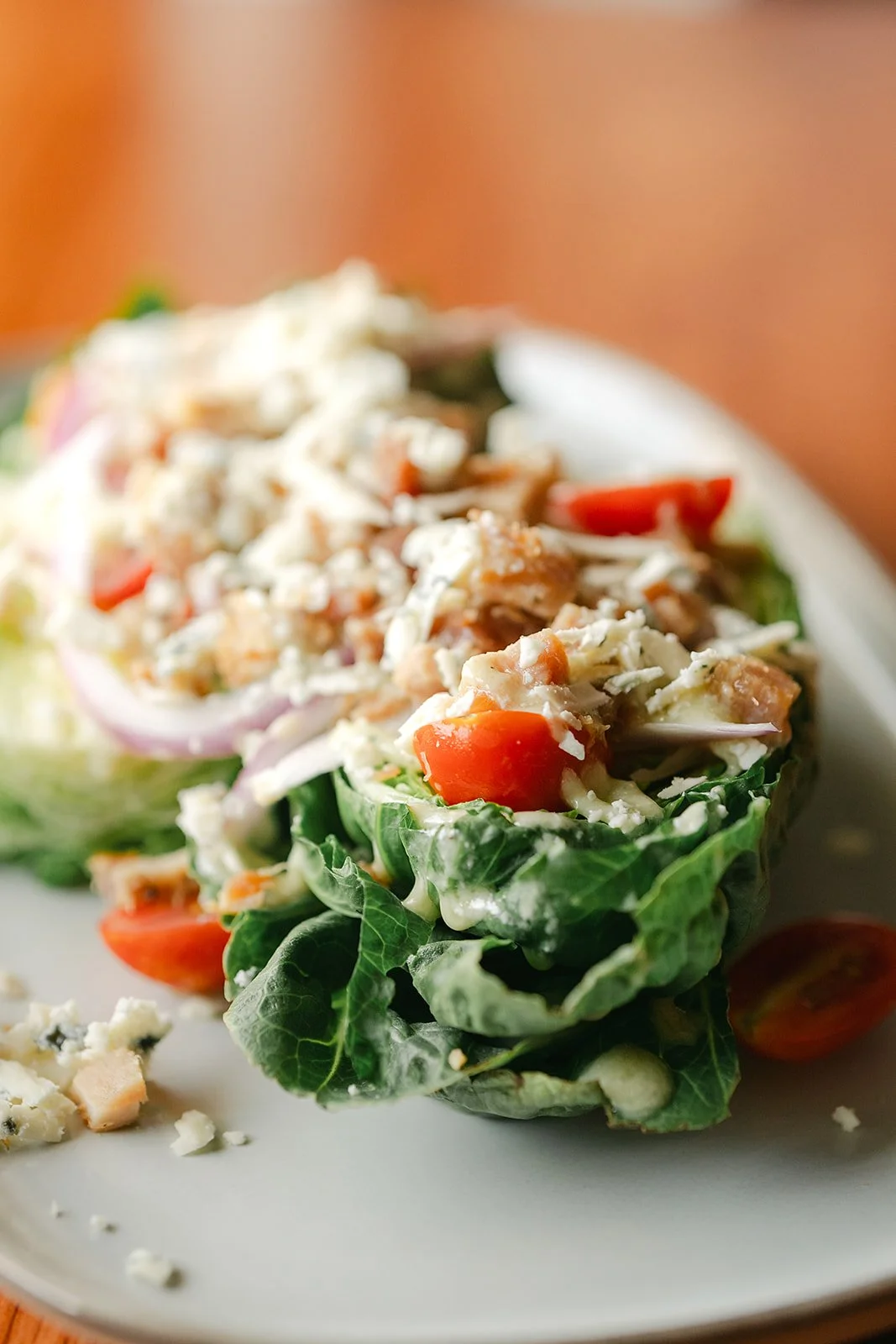 Wedge salad with romaine lettuce.