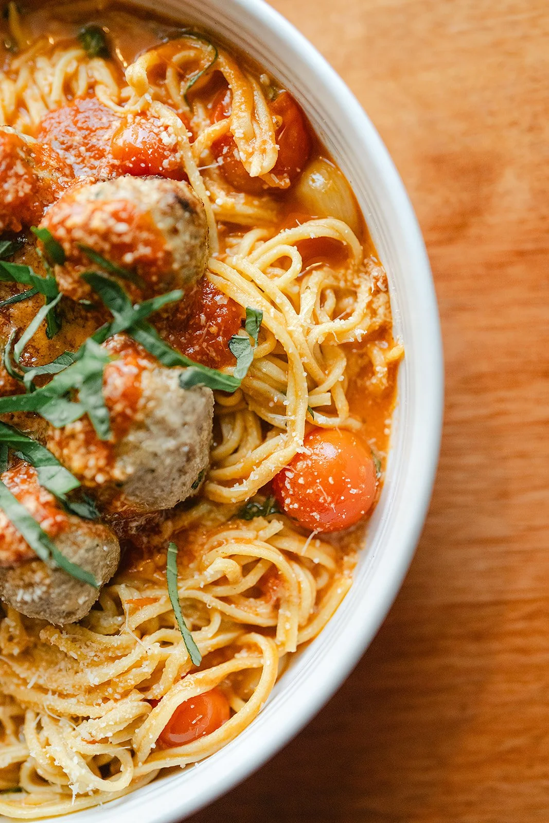 Close up of spaghetti and meatballs.