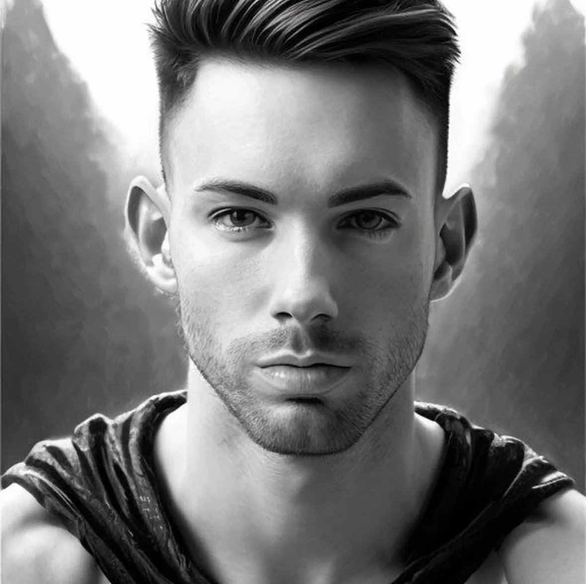 Black and white portrait of a young man with short hair, piercing blue eyes, and defined facial features, outdoors with blurred trees in the background.