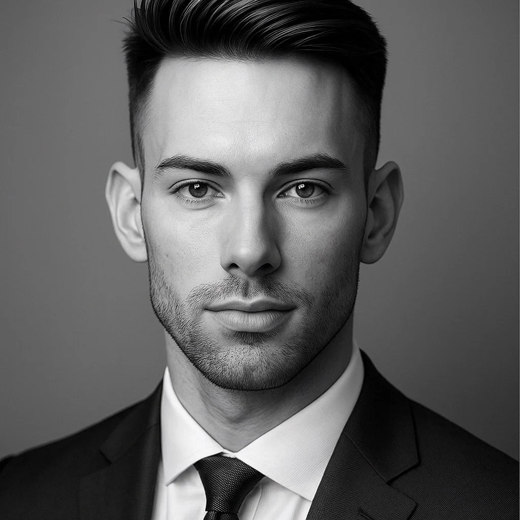 Black and white professional headshot of a young man in a suit and tie, with short, styled hair.