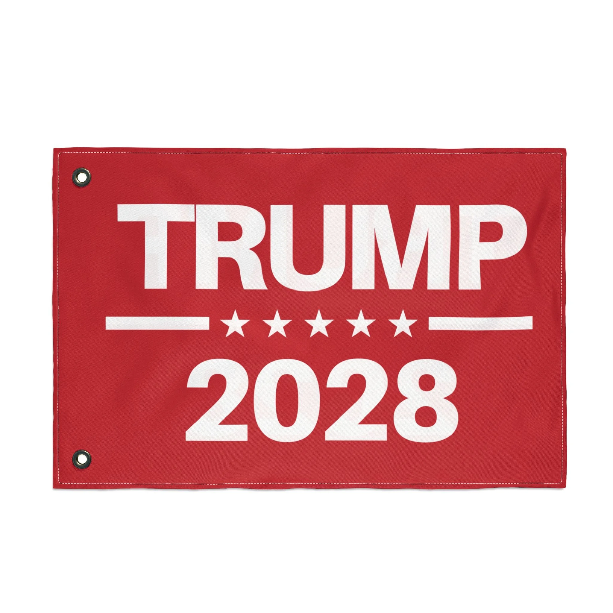 Red campaign flag with white text that reads 'TRUMP 2028' and five white stars beneath 'TRUMP' on a white background.