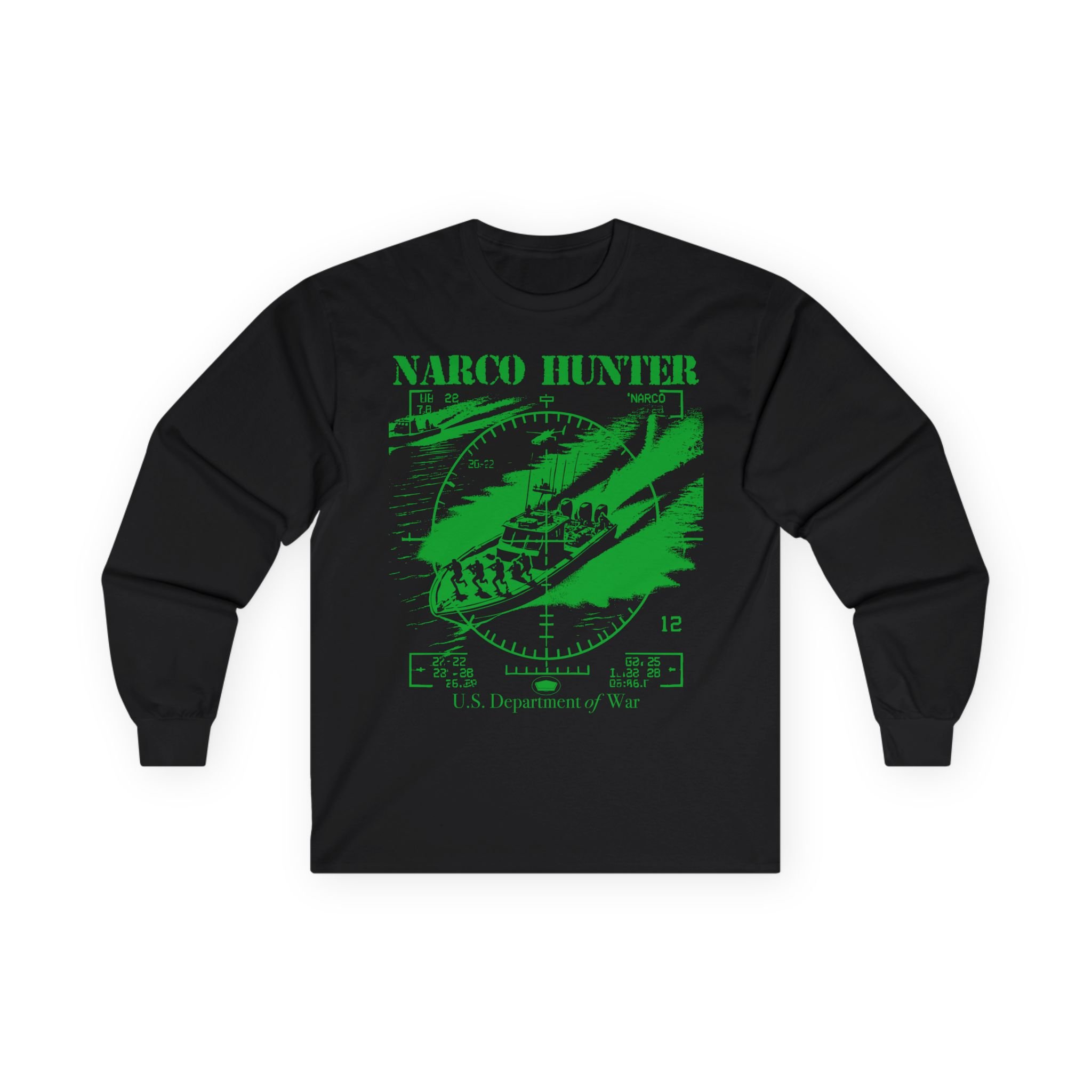 Black sweatshirt with neon green graphic of a boat and radar targeting.