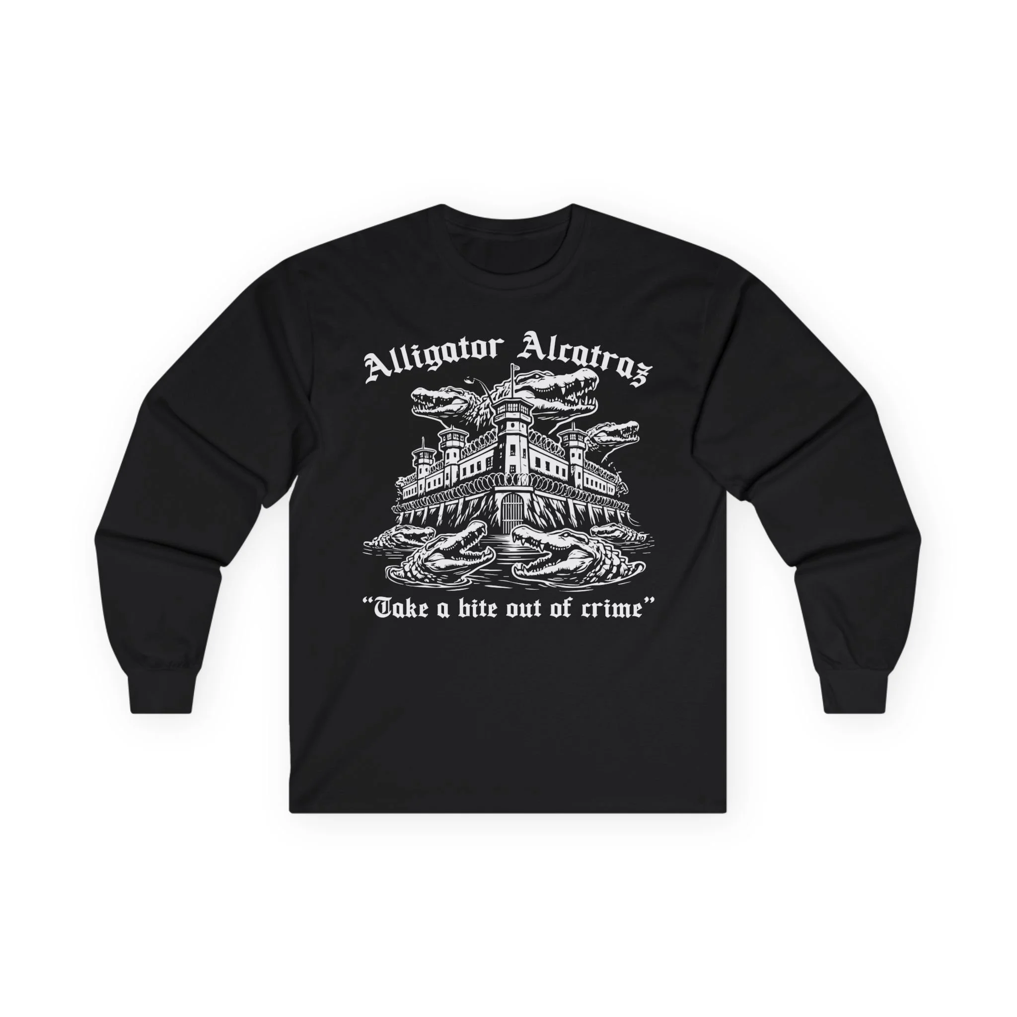 Black sweatshirt featuring a graphic design of an alligator and a fortress with the text 'Alligator Alcatraz'.