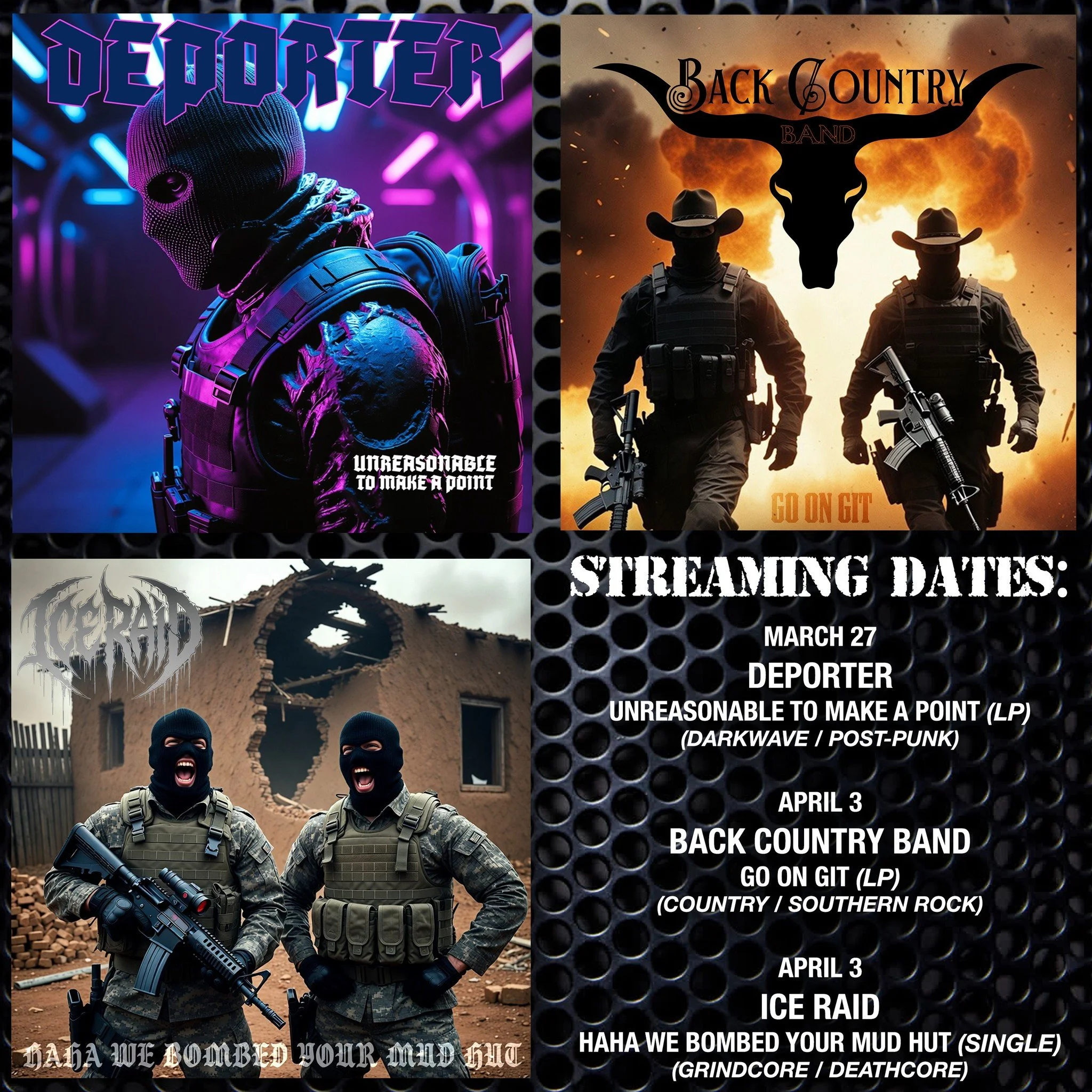 New music! 🔥 Love our politics and want something other than just metal? Check out these new projects! Deporter (darkwave / post-punk) and Back Country Band (country / southern rock) albums are now available on our website. Listen now before they hi
