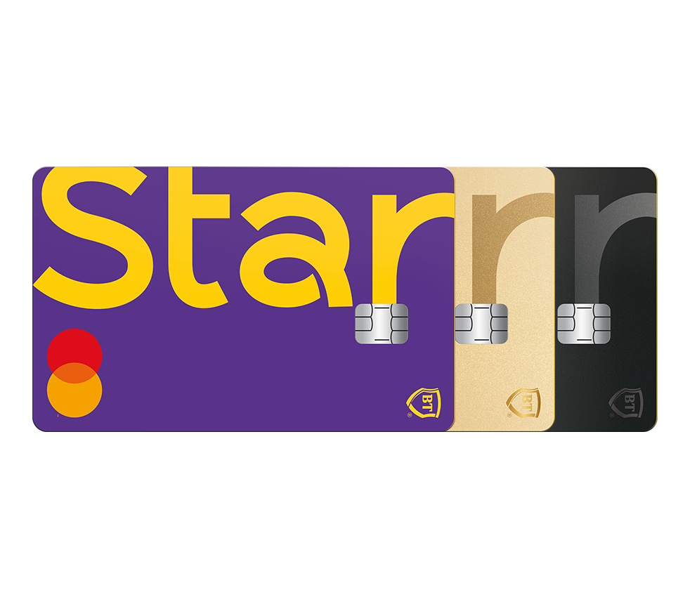 Close-up of three credit cards with the word 'Start' on the purple card, which features a Mastercard logo.