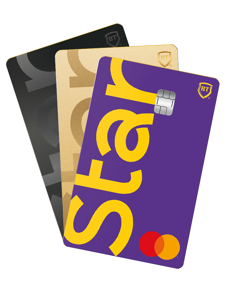 Illustration of three credit cards, purple, gold, and black, with the purple card featuring the logo of a Mastercard.