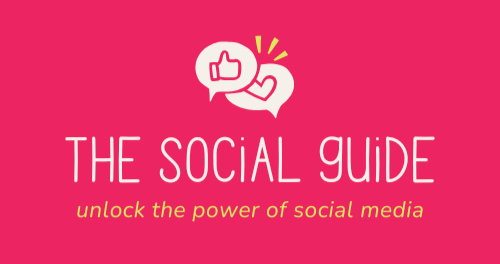 Pink background with white and yellow text that says 'The Social Guide' and 'unlock the power of social media,' including icons of a thumbs-up, heart, and speech bubble.