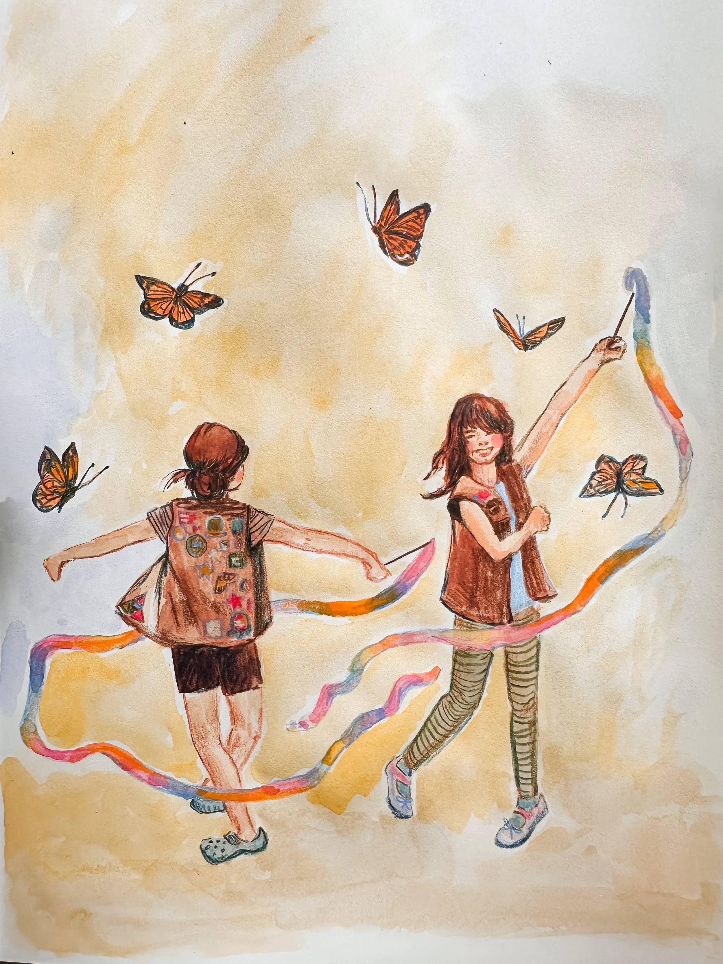 A watercolor painting of two girls playing among butterflies. One girl faces away, with a backpack covered in patches, and the other faces forward, holding a ribbon."