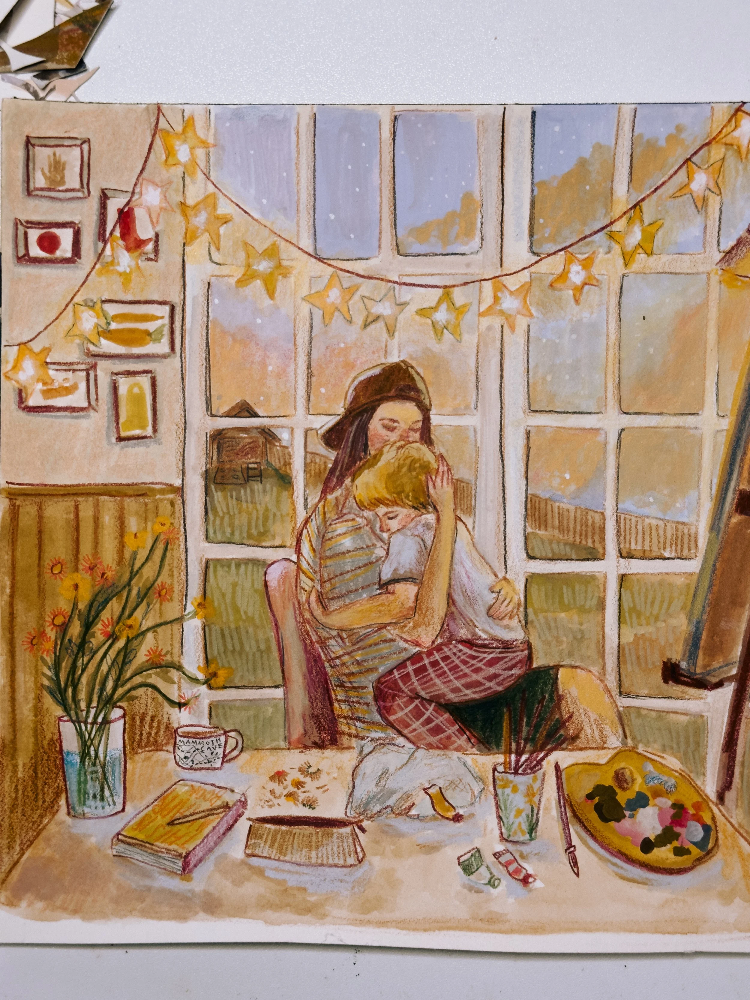A cozy, watercolor-style illustration of a woman and a child hugging in a warmly decorated room, with string lights and star decorations, a window showing a sunset or sunrise, a vase of flowers, art supplies, and books on a table.