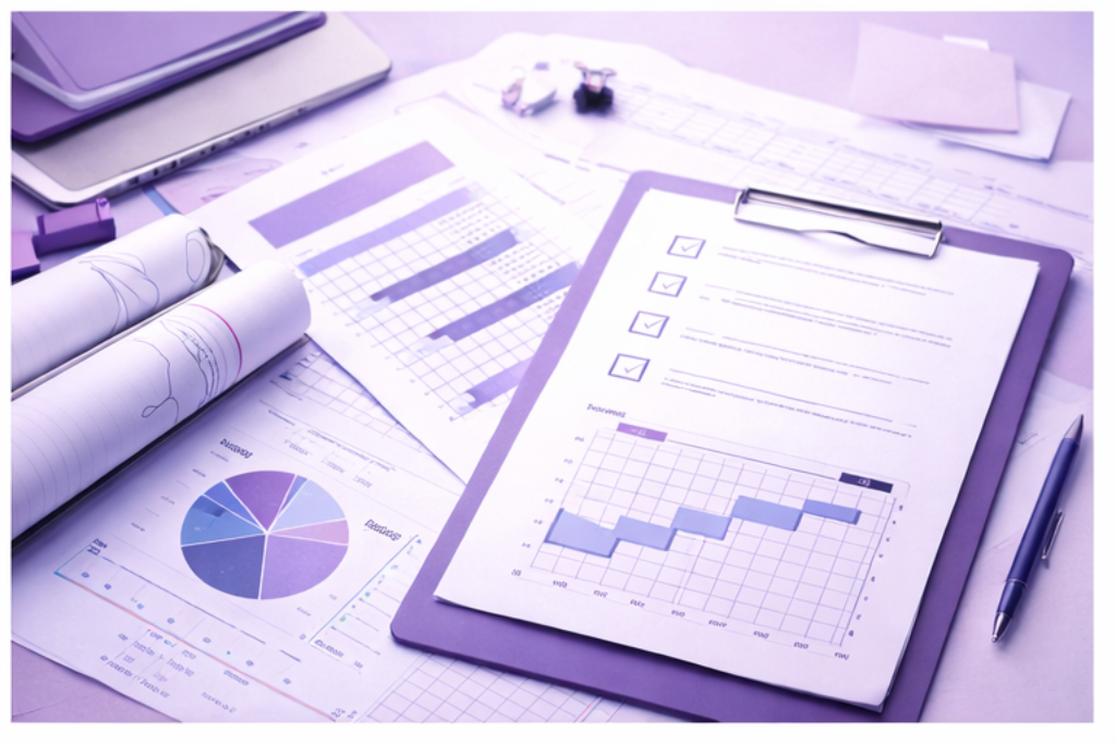 A desk with various financial and business documents, including charts, graphs, and reports, a laptop, a pen, and some stationery.