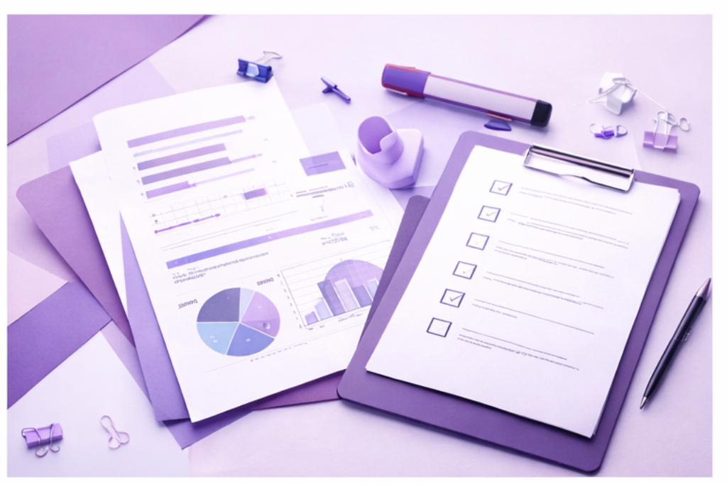 An organized desk with charts, reports, and a checklist on a clipboard, surrounded by office supplies like paper clips, a highlighter, and a pen.