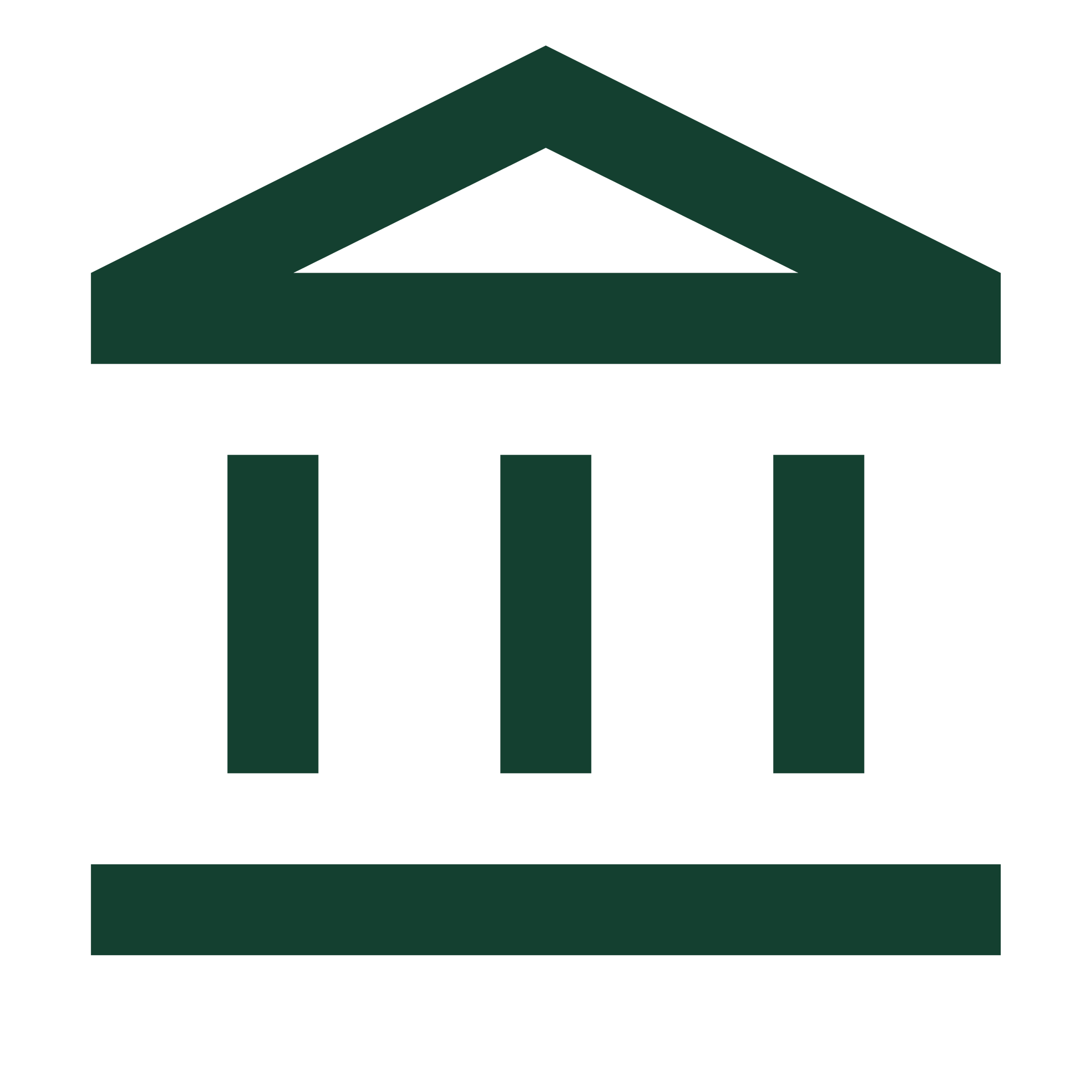 Green icon of a government building with pillars and a triangular roof on a white background.