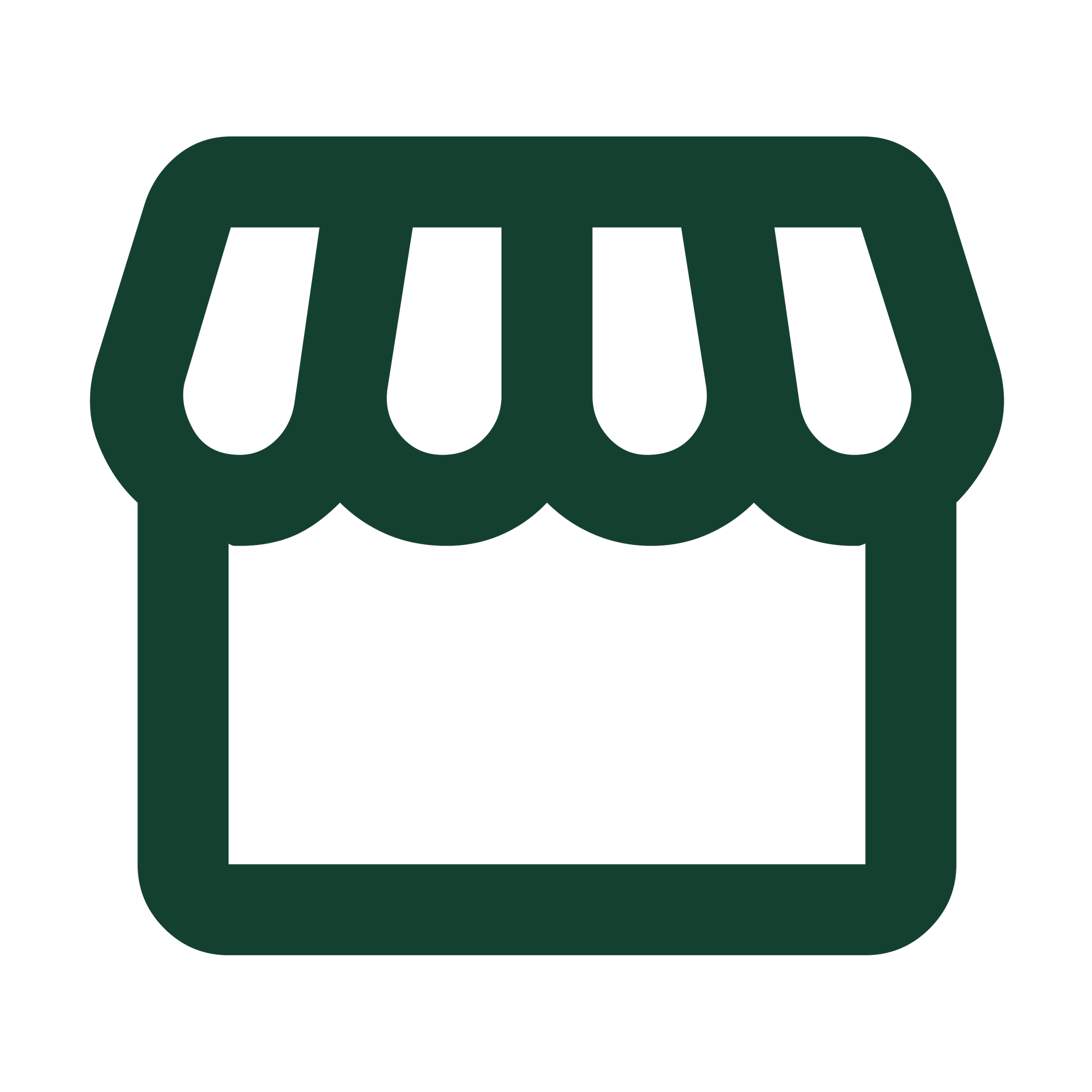 Green icon of a small store or shop with a striped awning on a white background.
