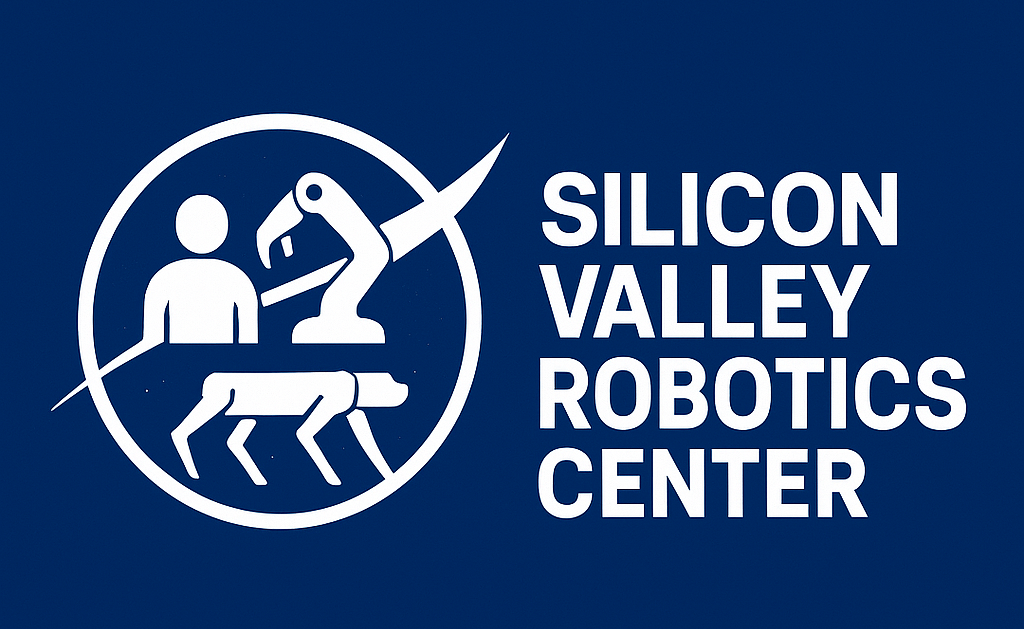 Logo of Silicon Valley Robotics Center featuring a human, a robotic arm, and a robotic dog inside a circle with text beside it.
