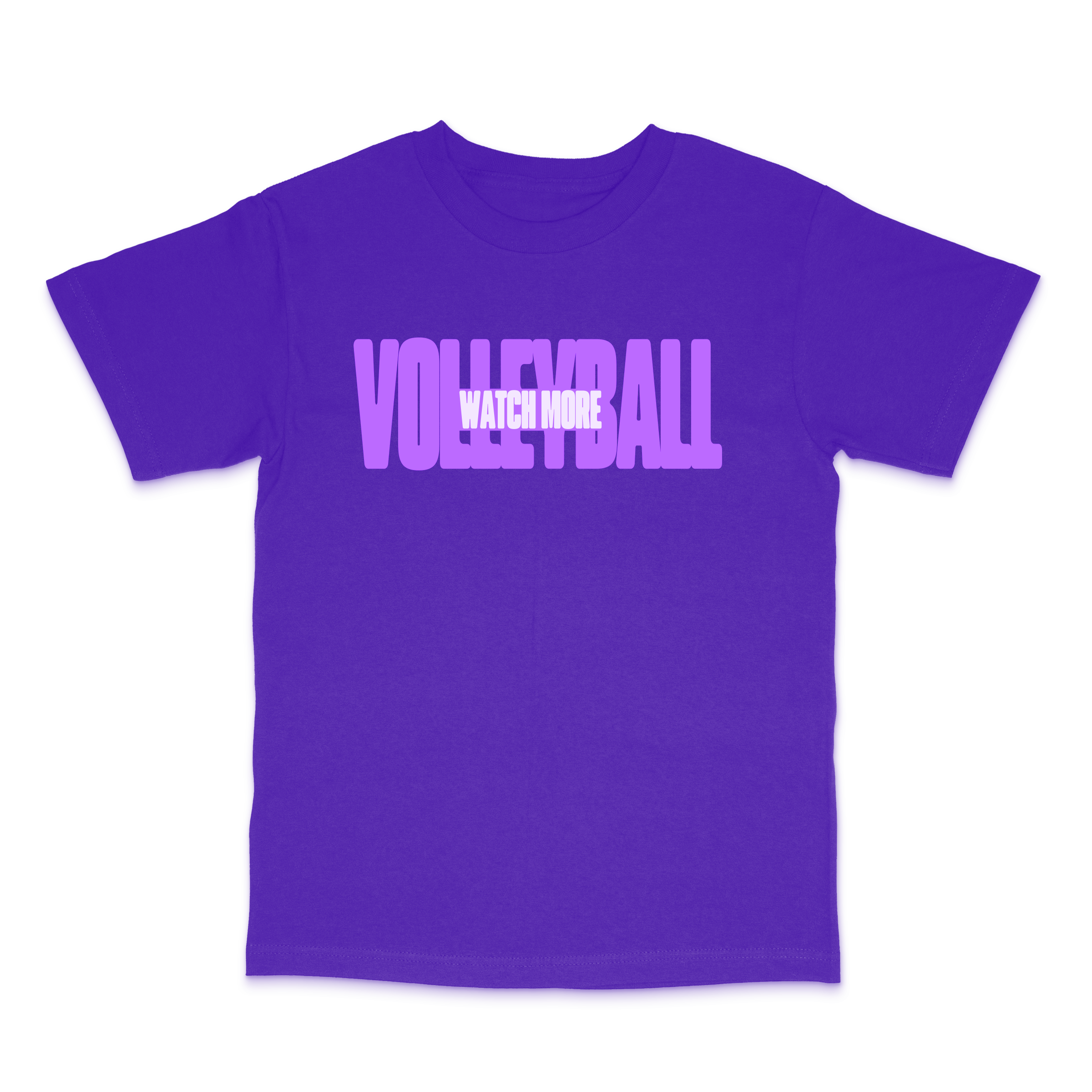 Purple T-shirt with the text 'VOLLEYBALL' in large letters and 'WATCH MORE' in smaller letters in the middle.