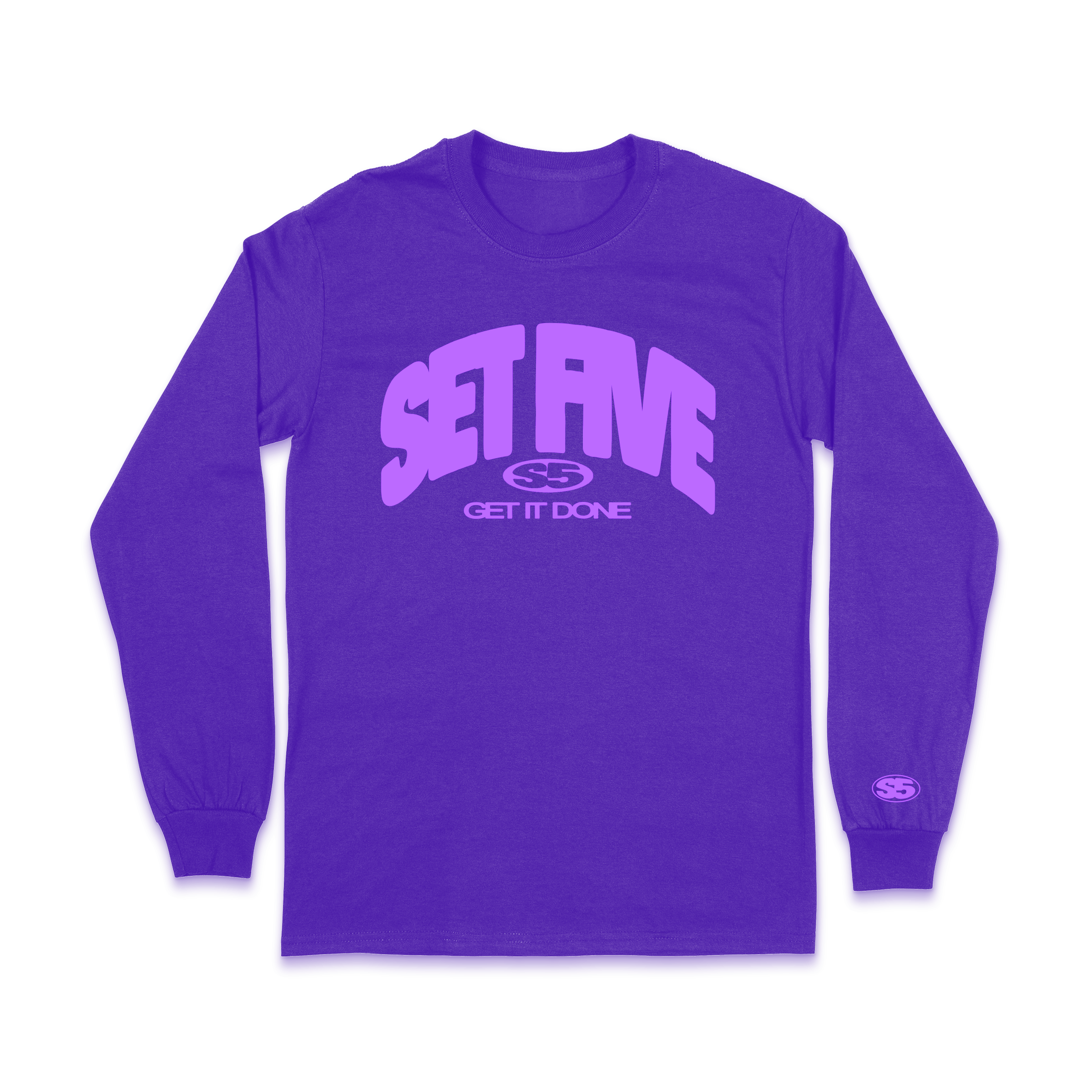 A purple long-sleeve shirt with the words 'Set Active' in large stylized letters, the number '55' inside a circle, and the phrase 'Get It Done' underneath.