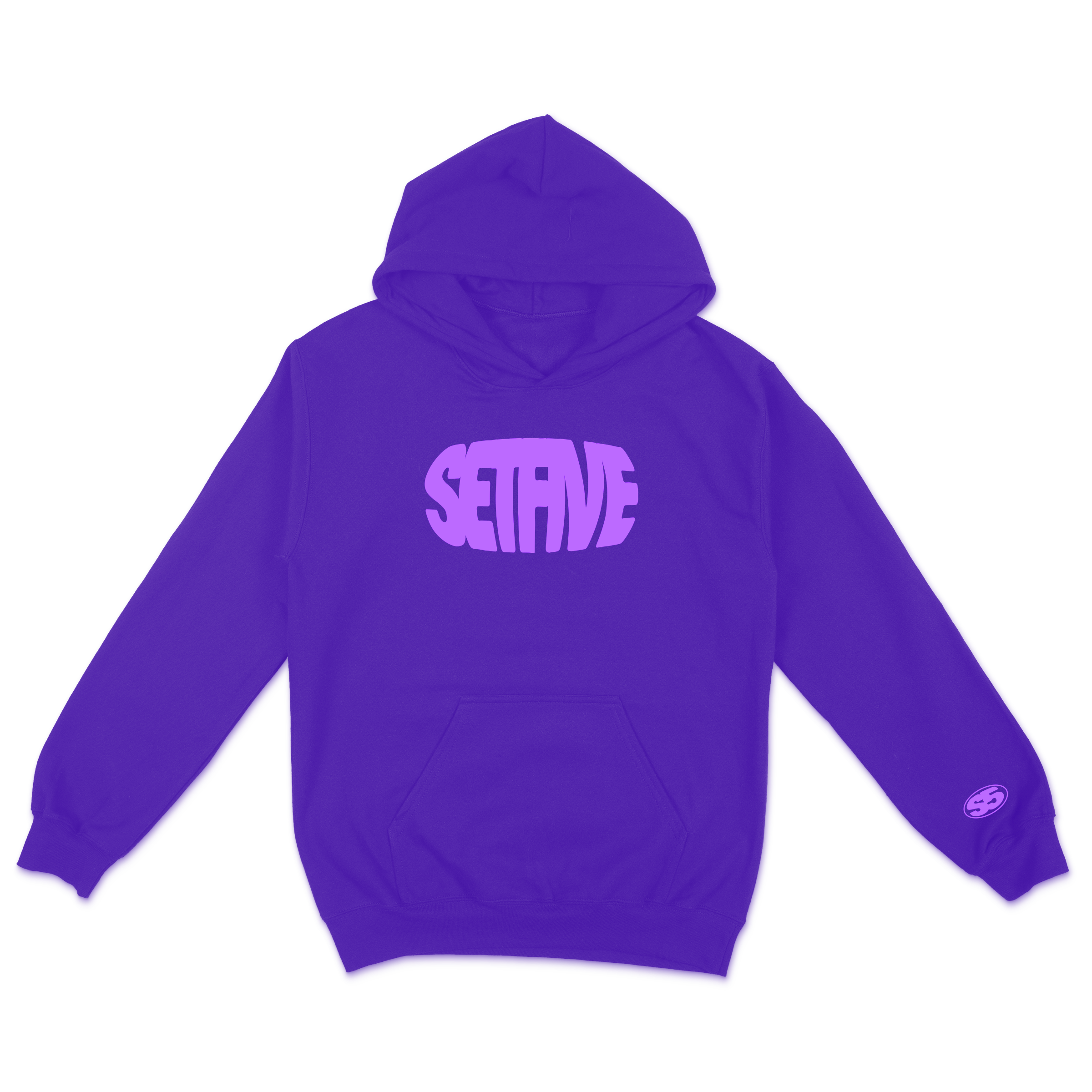 Purple hoodie with the word 'SENTENCE' printed in stylized text on the front and a small logo patch on the sleeve.