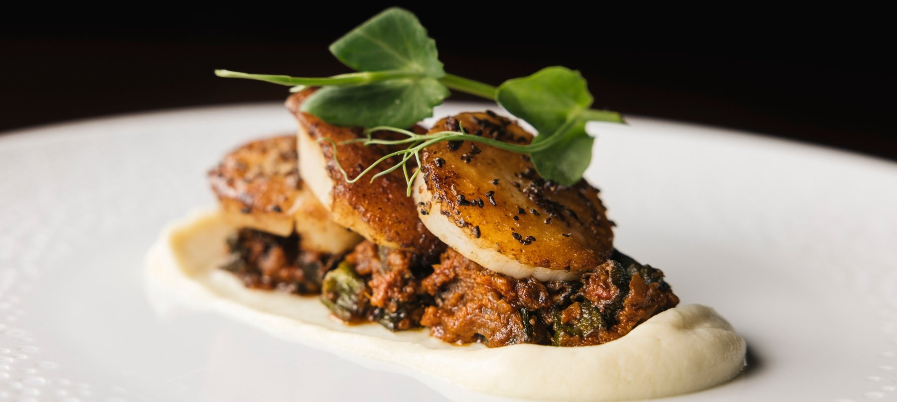 Gourmet dish with seared scallops on a bed of seasoned vegetable and meat mixture.