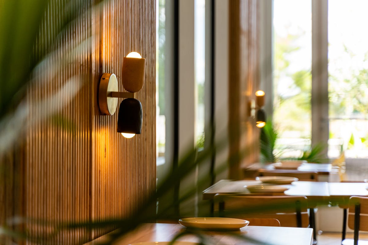 Interior of a restaurant or cafe with wooden wall paneling