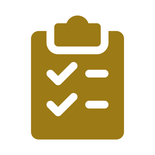 A gold clipboard with check marks and dash marks, representing a checklist.