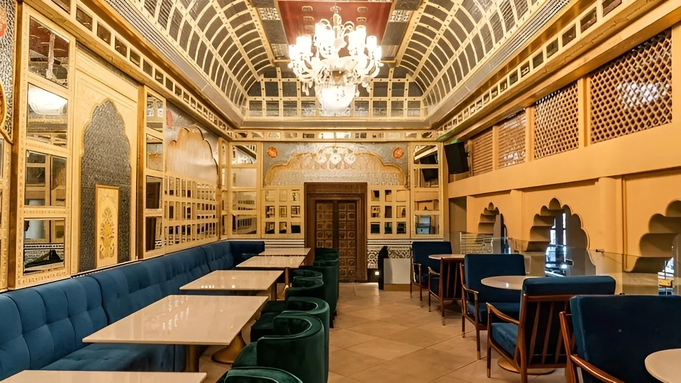 Interior of the luxurious "Shish Mahal" or Palace of glass mirrors in Musaafer, Houston.