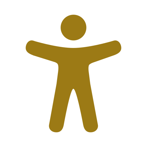 Simple gold stylized human figure with outstretched arms and a circular head on a black background.
