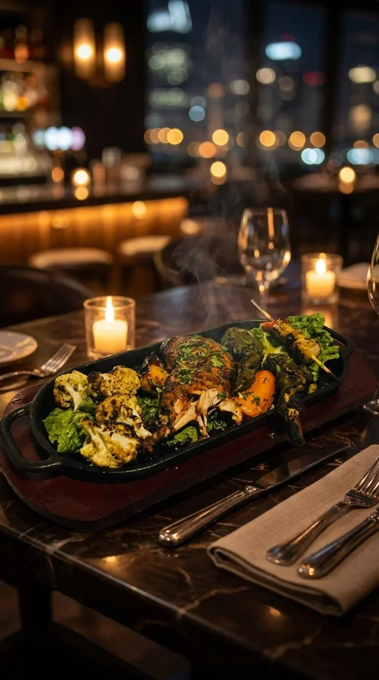 A sizzling platter of grilled meats and vegetables on a restaurant table with lit candles.