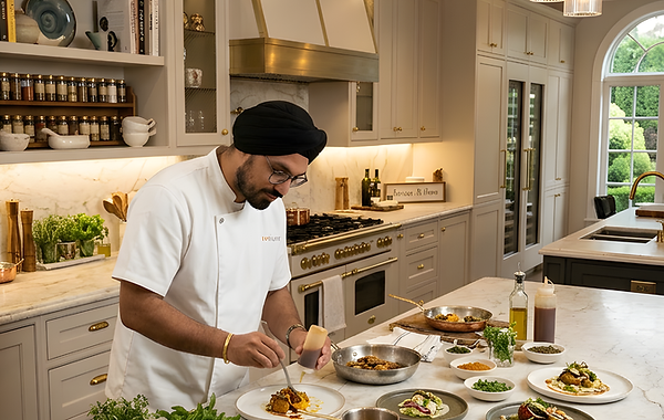 Chef preparing and plating food in a bright, modern kitchen.