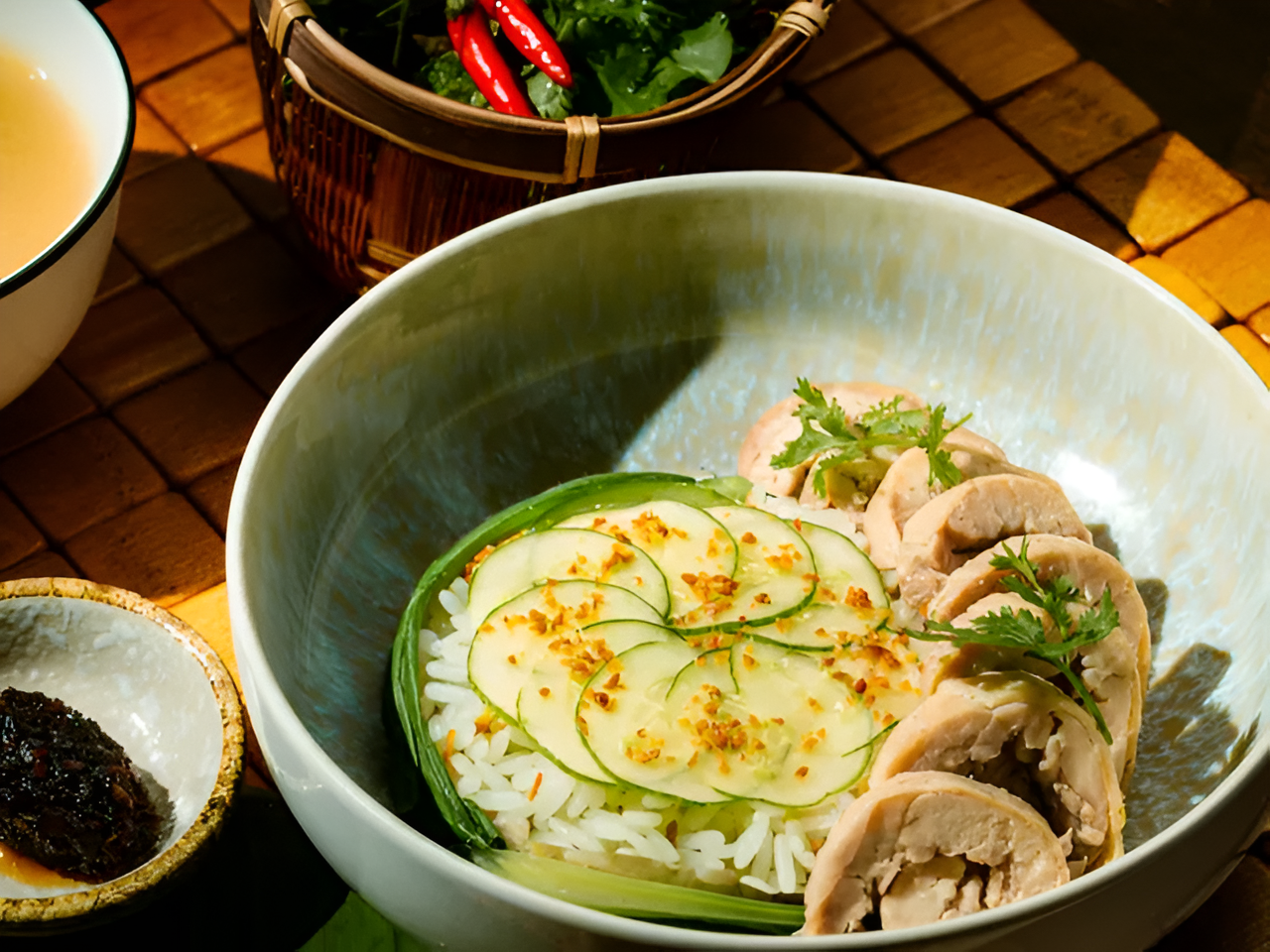 Bowl of sliced chicken and cucumber on rice, garnished with cilantro, served on a green and white ceramic dish.